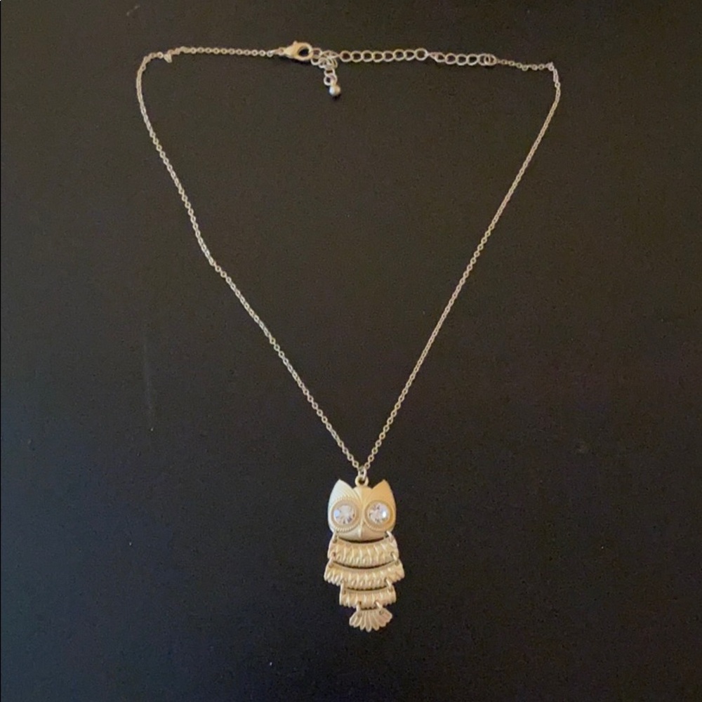 Owl Necklace Gold Tone with Rhinestone Eyes
